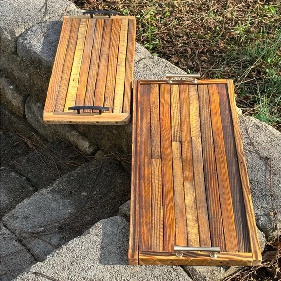 Reclaimed Tobacco Stick Serving Tray With Brushed Nickel Handles – 25” x 12”